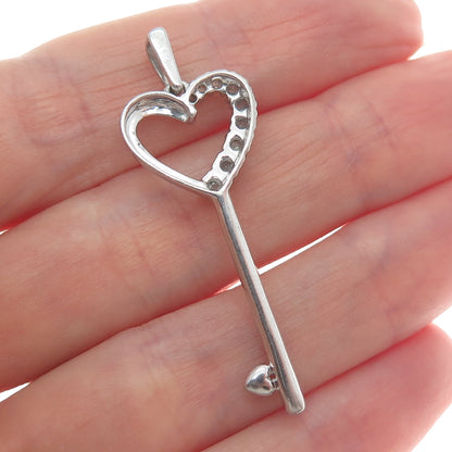 925 Sterling Silver Real Round-Cut Diamond Heart Key Charm Pendant