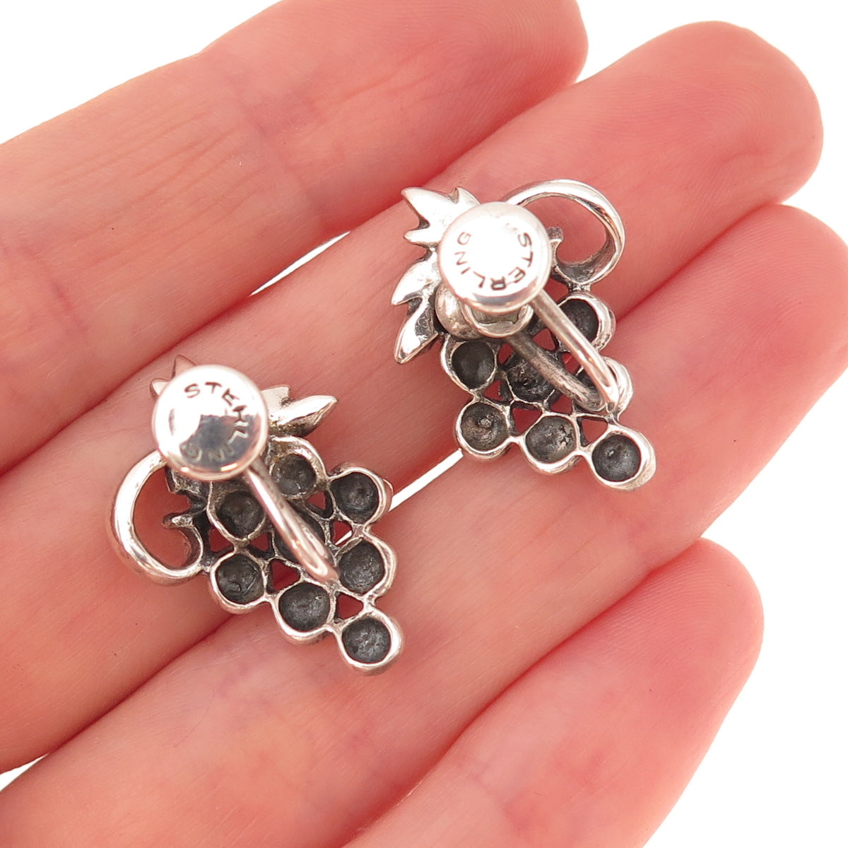 925 Sterling Silver Antique Art Deco Grape Oxidized Screw Back Earrings