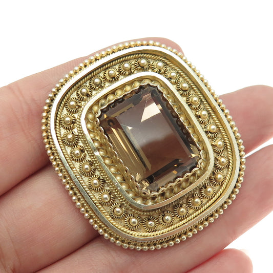 935 Silver Gold Plated Vintage Israel Smoky Quartz Cannetille Brooch / Pendant