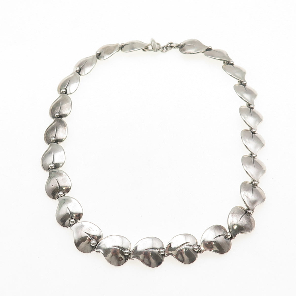 N.E From 925S Sterling Vintage Denmark Modernist Floral Heart Chain Necklace 14"