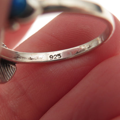 925 Sterling Silver Vintage Real Opal Feather Oxidized Ring Size 7