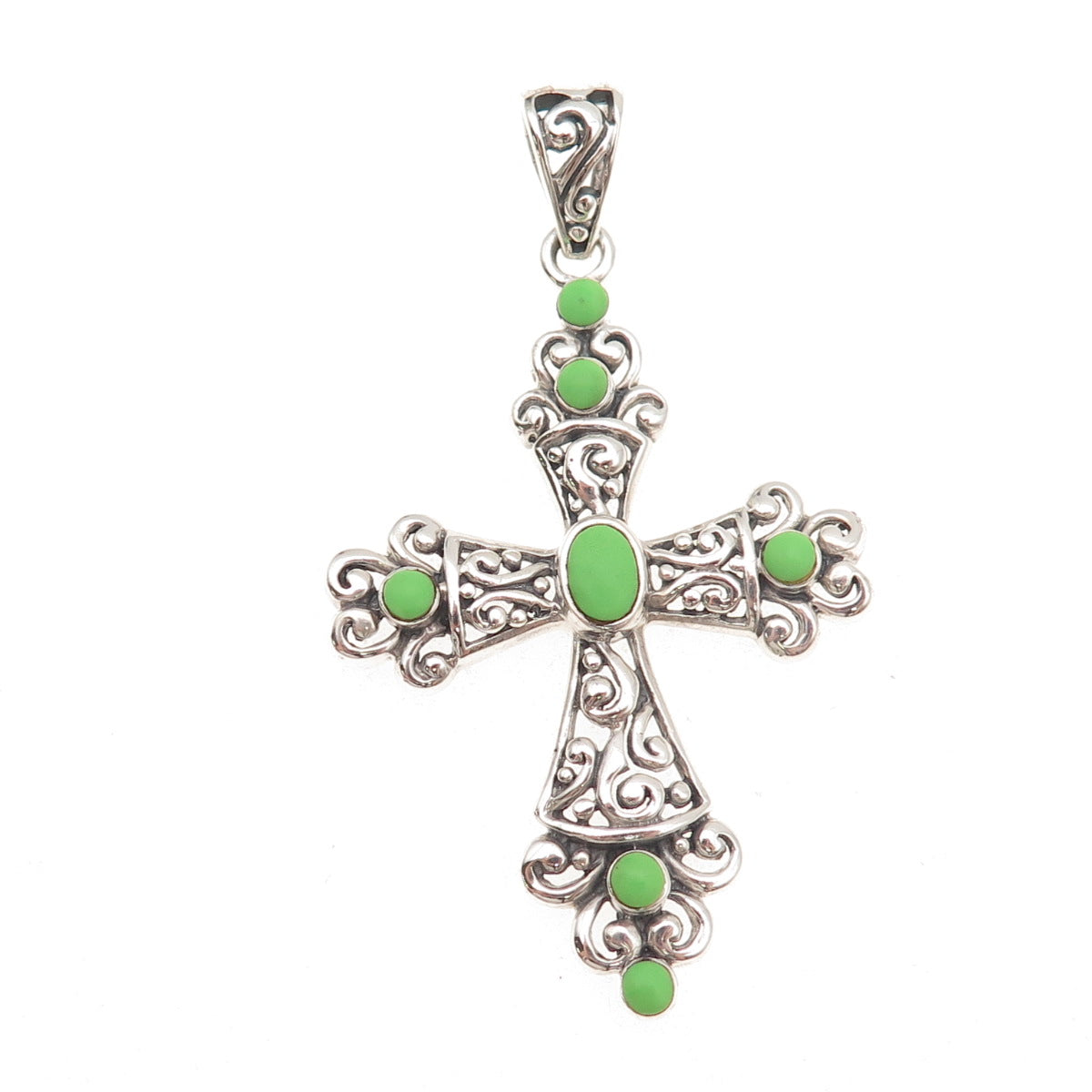 SX Sally C 925 Sterling Vintage Real Lime Green Turquoise Cross Charm Pendant