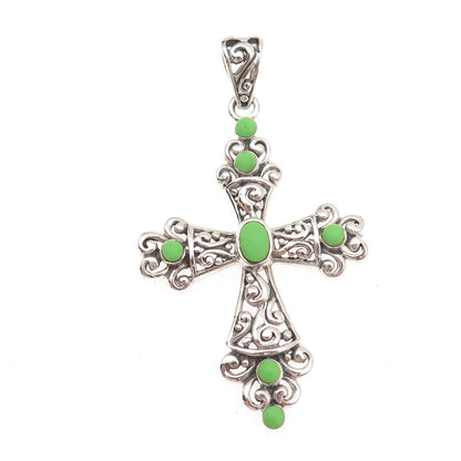 SX Sally C 925 Sterling Vintage Real Lime Green Turquoise Cross Charm Pendant
