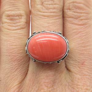 TED OTT 925 Sterling Silver Vintage Real Peach Agate Gem Ethnic Ring Size 9.75
