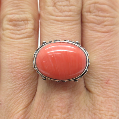 TED OTT 925 Sterling Silver Vintage Real Peach Agate Gem Ethnic Ring Size 9.75