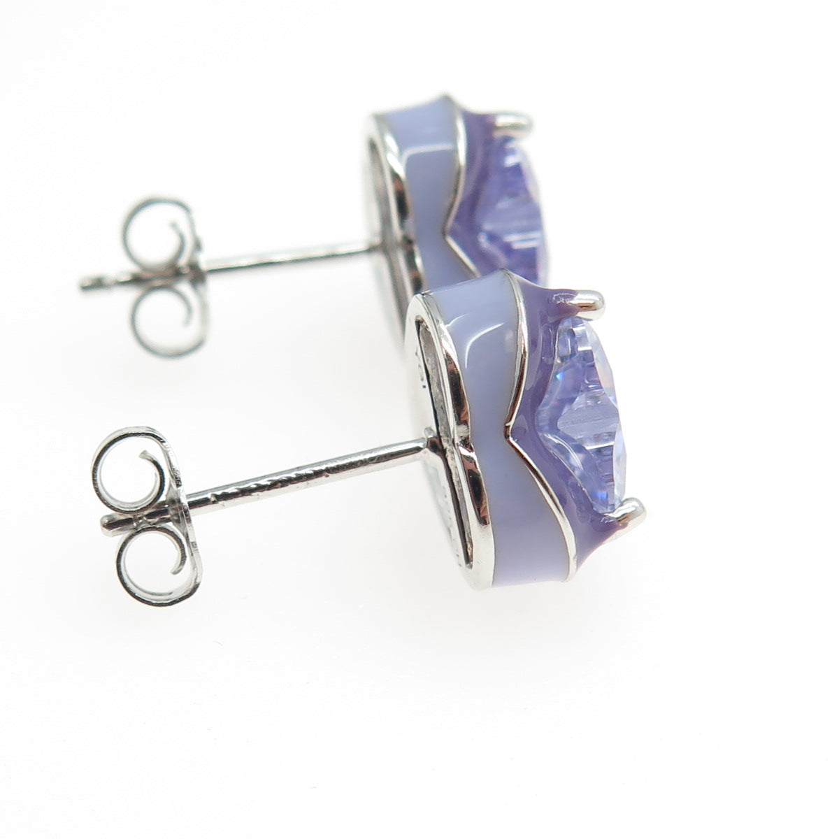 925 Sterling Silver Lavender Enamel Heart-Cut C Z Earrings