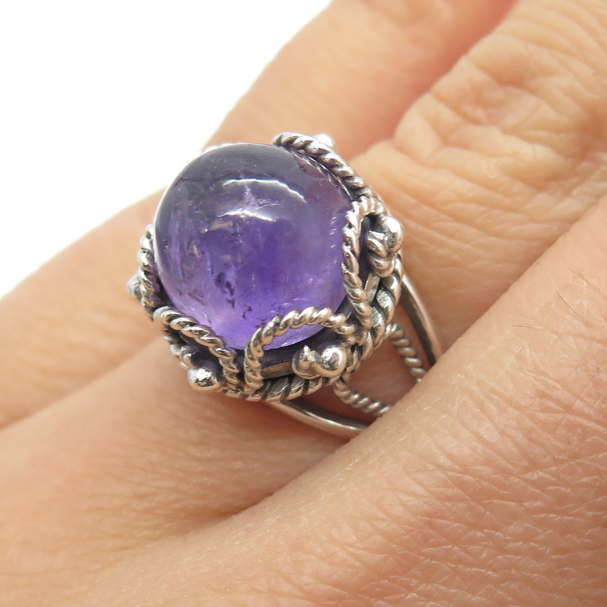 925 Sterling Silver Vintage Mexico Real Amethyst Gem Adjustable Ring Size 6.5