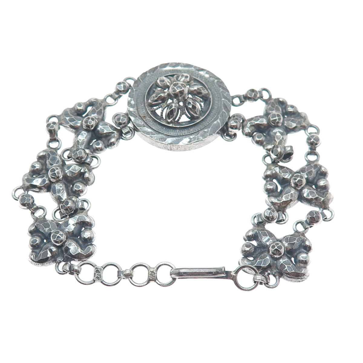 925 Sterling Silver Antique Art Deco Floral Link Oxidized Bracelet 7"