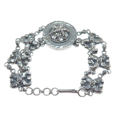 925 Sterling Silver Antique Art Deco Floral Link Oxidized Bracelet 7"