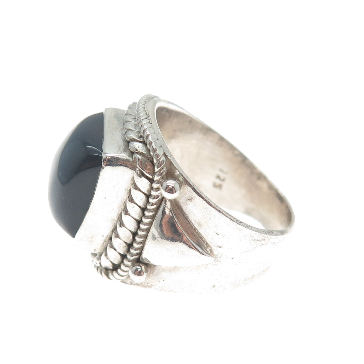925 Sterling Silver Vintage Real Black Onyx Roped Bezel Oxidized Ring Size 7.25