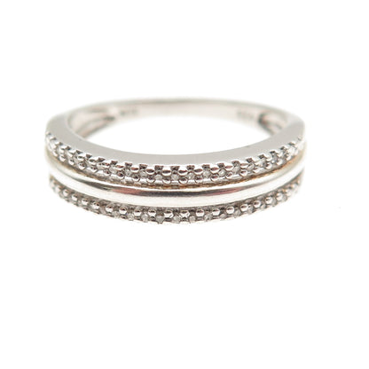 SUN 925 Sterling Silver Real Round-Cut Diamond 3-Row Ring Size 7