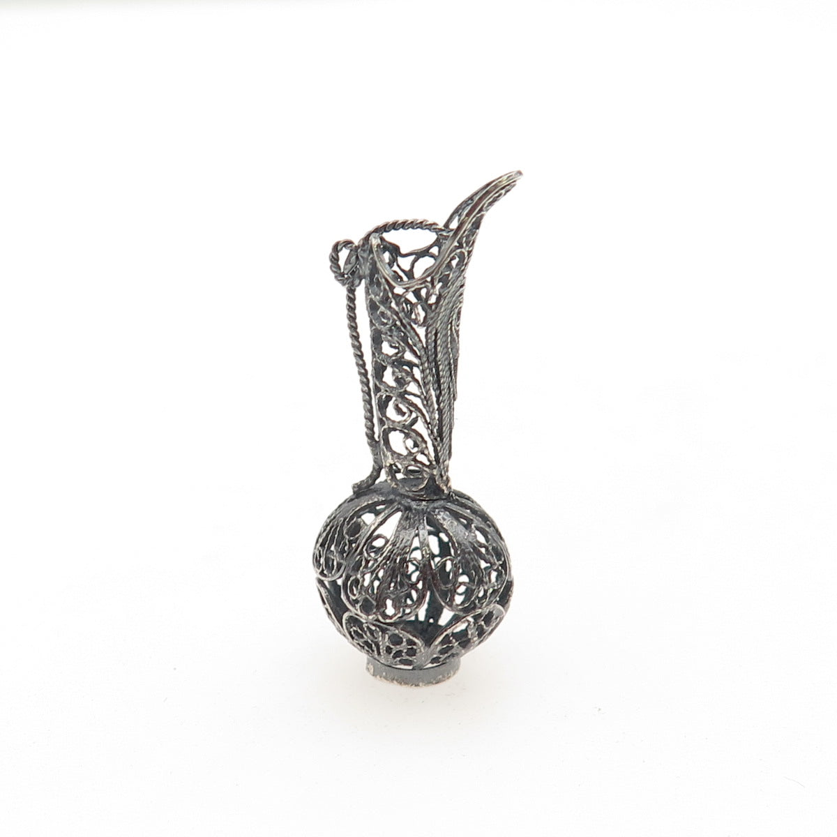 800 Silver Antique Art Deco Jug Filigree Oxidized 3D Charm Pendant