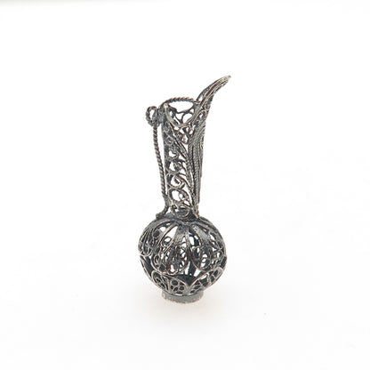 800 Silver Antique Art Deco Jug Filigree Oxidized 3D Charm Pendant