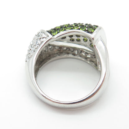 925 Sterling Silver Real Peridot Gemstone & C Z Modernist Ring Size 7