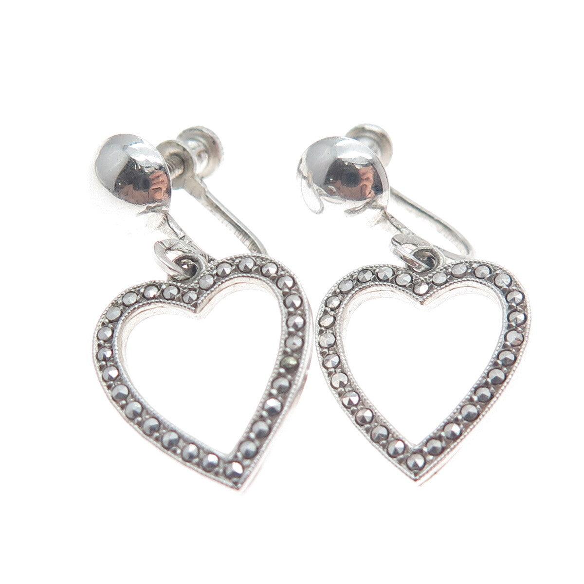 925 Sterling Silver Antique Art Deco Real Marcasite Heart Screw Back Earrings