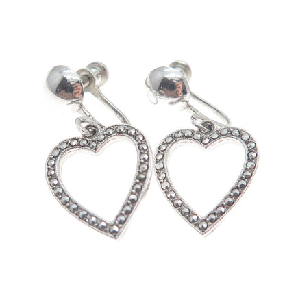 925 Sterling Silver Antique Art Deco Real Marcasite Heart Screw Back Earrings