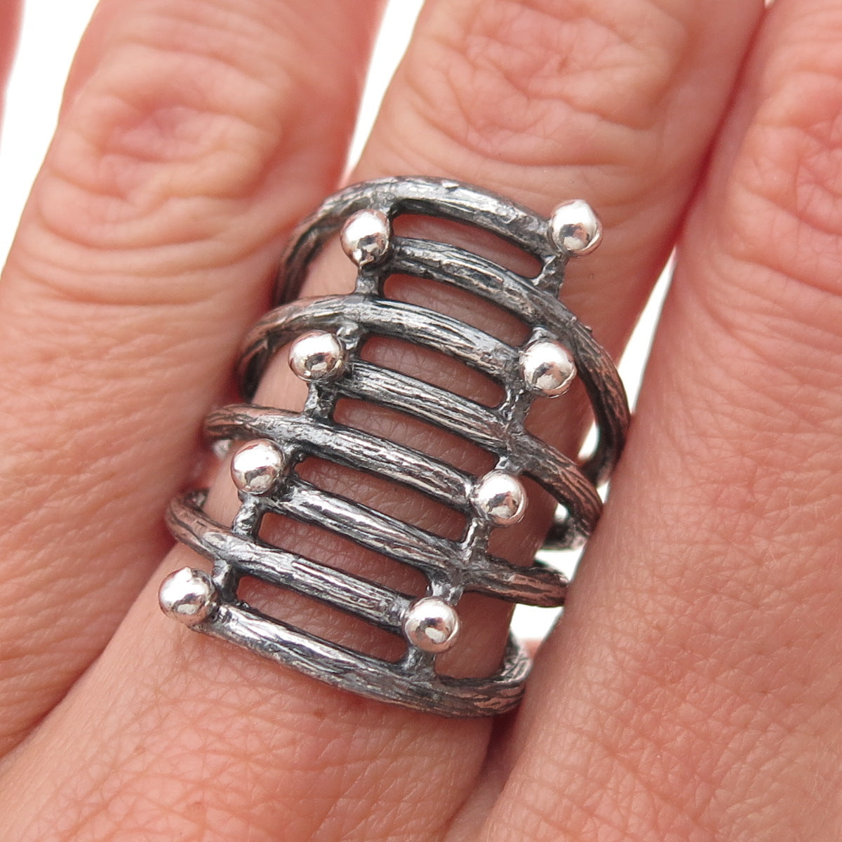 925 Sterling Silver Vintage Modernist 8-Row Oxidized Ring Size 7
