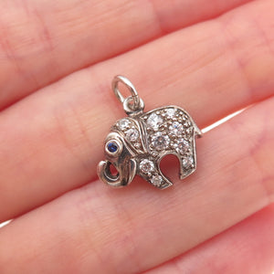 925 Sterling Silver Vintage Real Sapphire & C Z Elephant Oxidized Charm Pendant