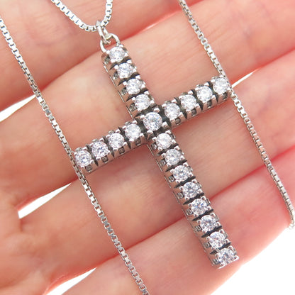 925 Sterling Silver Italy Round-Cut C Z Cross Box Chain Necklace 18"