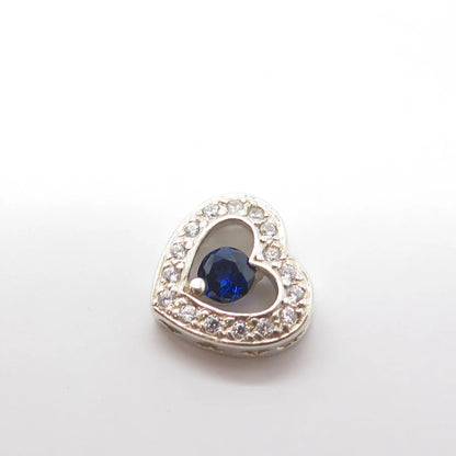 925 Sterling Silver Real Round-Cut Shaped Sapphire Gem & White C Z Heart Pendant