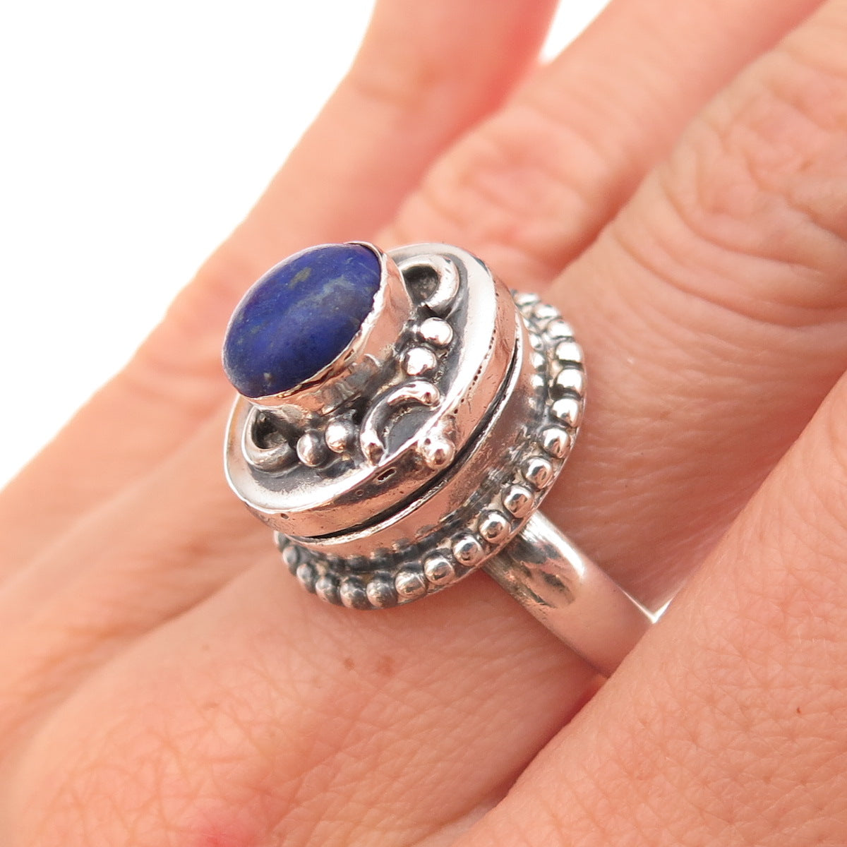 925 Sterling Silver Vintage Real Lapis Oxidized Poison Ring Size 7