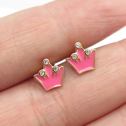 925 Sterling Silver Gold Plated C Z & Pink Enamel Crown Stud Earrings