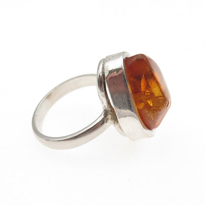 925 Sterling Silver Vintage Real Amber Modernist Ring Size 8