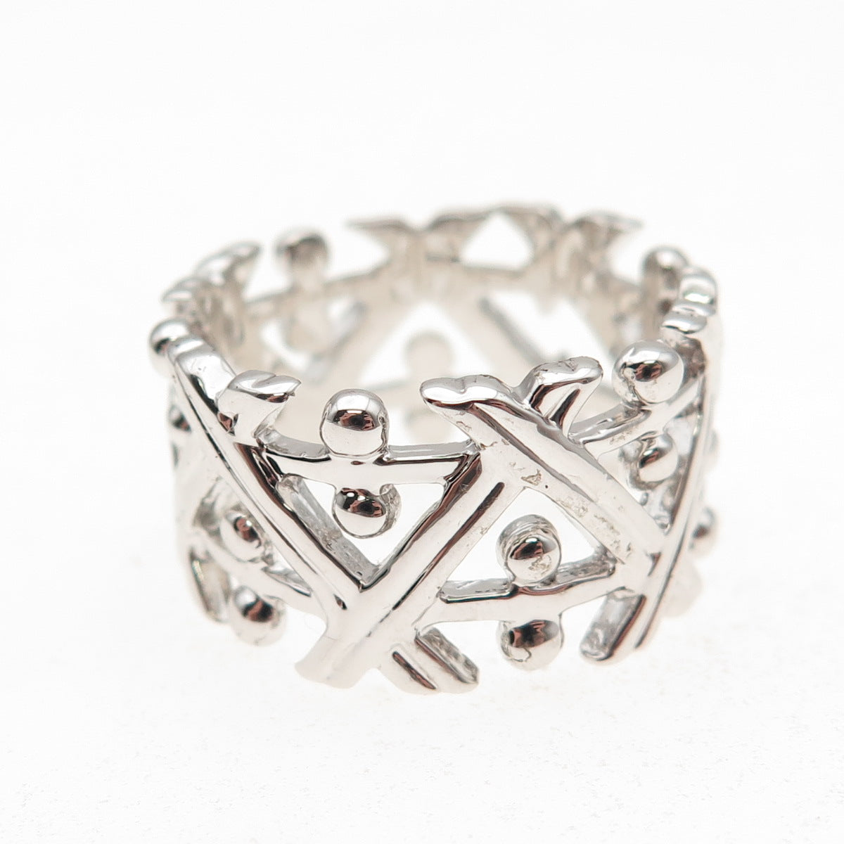 925 Sterling Silver Zig Zag Beaded Wide Band Ring Size 9.25