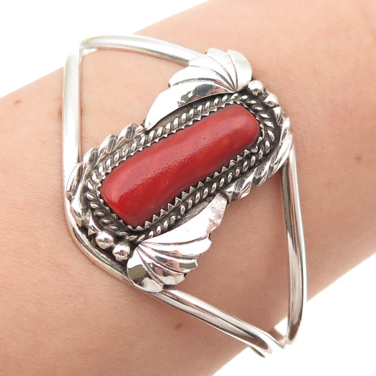 Fred Guerro Navajo Old Pawn Sterling Silver Vintage Coral Adjustable Bracelet 6"