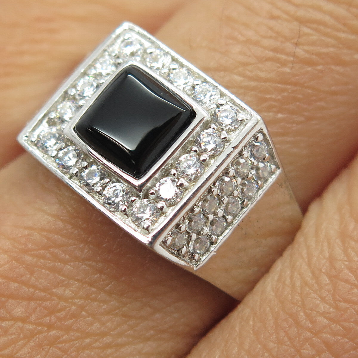 HAN 925 Sterling Silver Real Black Onyx Gemstone & C Z Ring Size 10.75