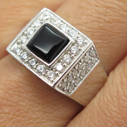 HAN 925 Sterling Silver Real Black Onyx Gemstone & C Z Ring Size 10.75