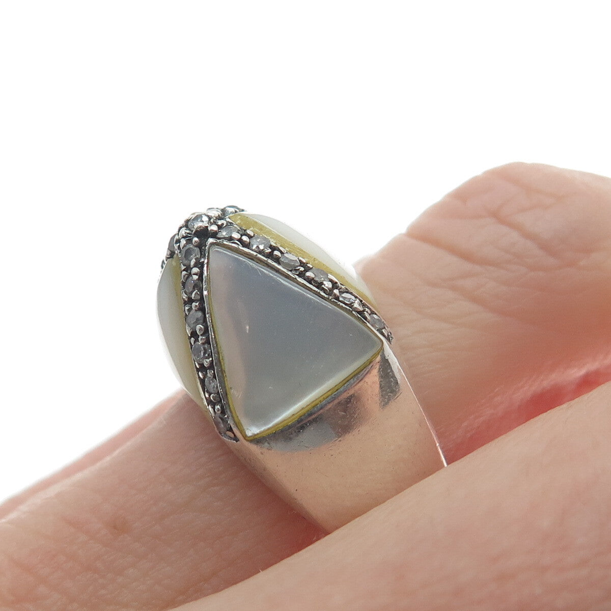 CHAPAL ZENRAY 925 Sterling Silver Vintage MOP & C Z Cross Dome Ring Size 8