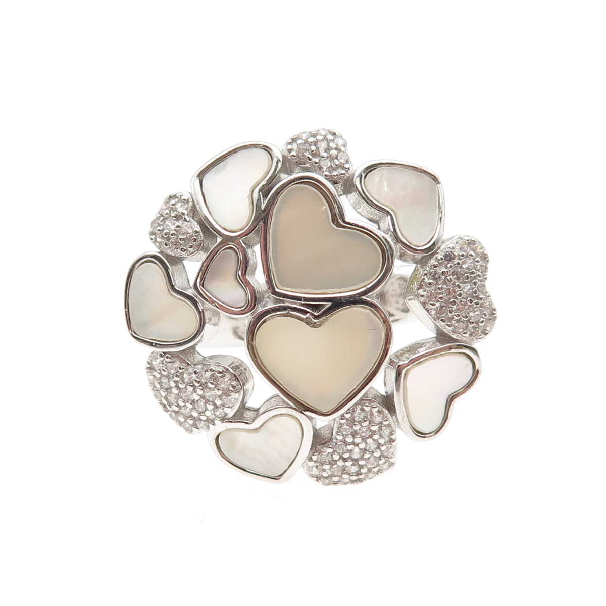 925 Sterling Silver Vintage Real MOP & C Z Heart Cluster Ring Size 6.25