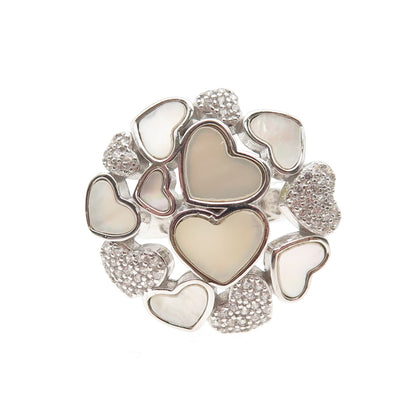 925 Sterling Silver Vintage Real MOP & C Z Heart Cluster Ring Size 6.25