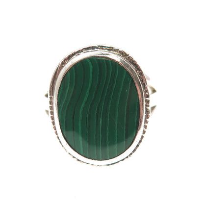 925 Sterling Silver Vintage Real Oval-Cut Malachite Ring Size 8.75
