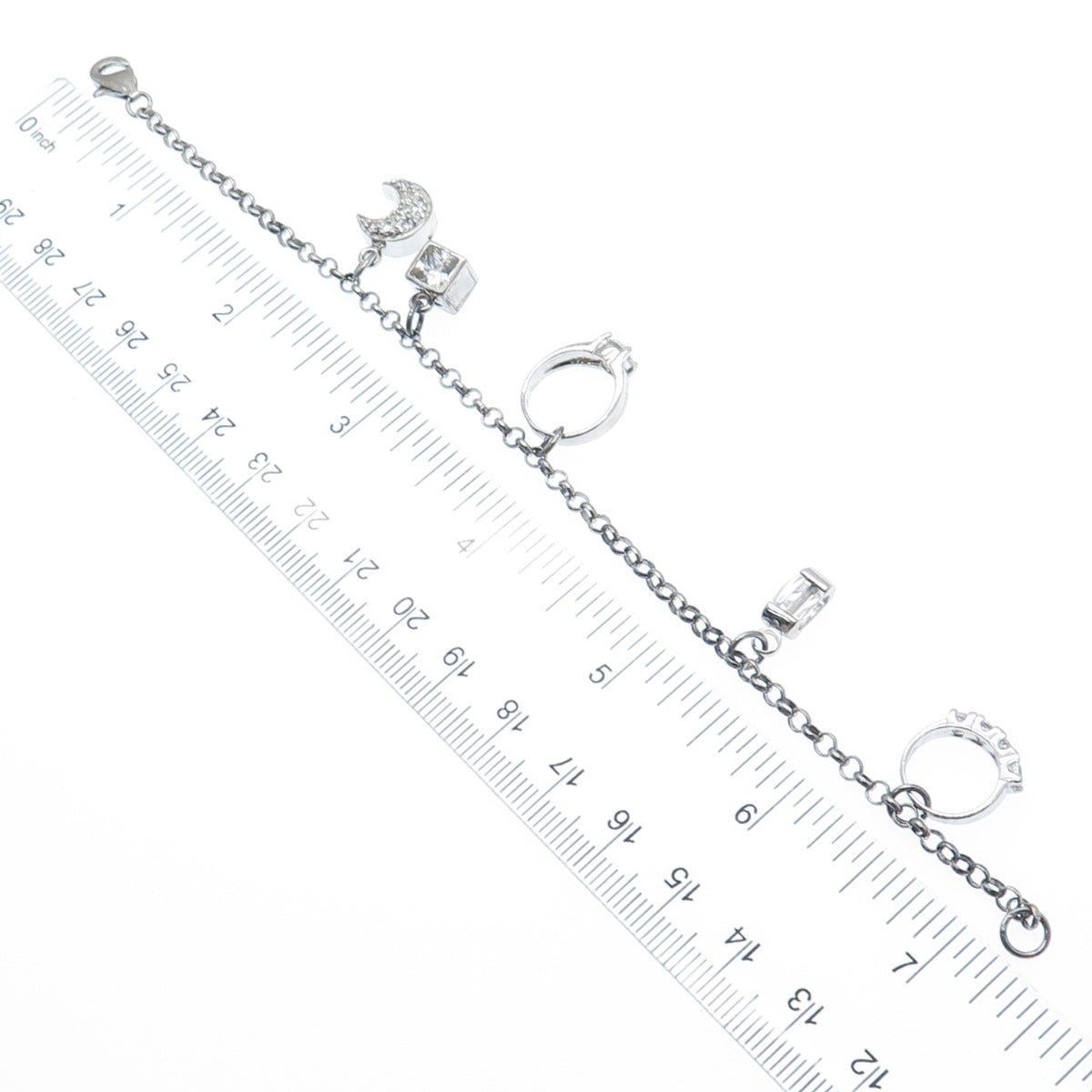 925 Sterling Vintage Round & Princess-Cut C Z Wedding Charms Rolo Bracelet 7.25"