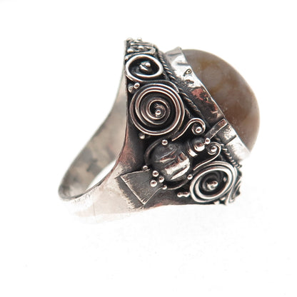 925 Sterling Silver Antique Art Deco Real Amber Bird Oxidized Ring Size 8.75