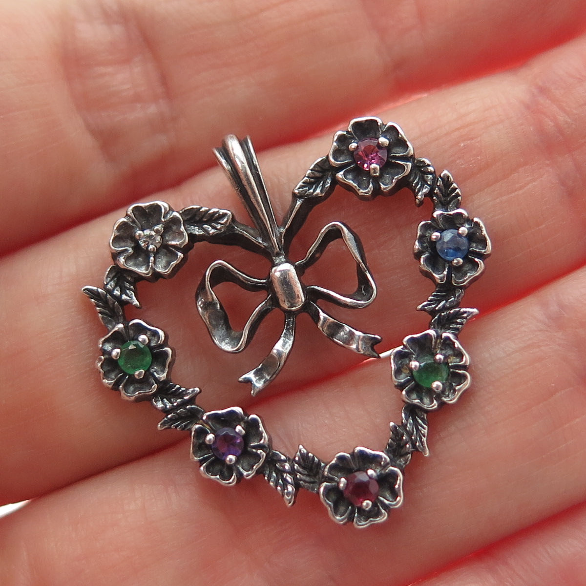 FRANKLIN MINT Sterling Vintage 1982 Diamond Sapphire Emerald Ruby Heart Pendant