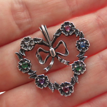 FRANKLIN MINT Sterling Vintage 1982 Diamond Sapphire Emerald Ruby Heart Pendant