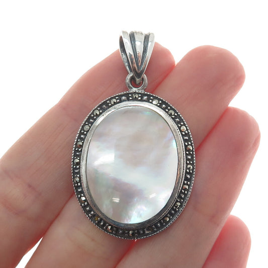 925 Sterling Silver Vintage Real MOP & Marcasite Pendant (missing 2 stones)
