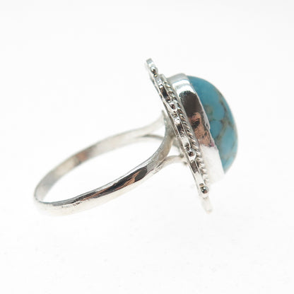 925 Sterling Silver Vintage Faux Turquoise Filigree Flower Ring Size 8