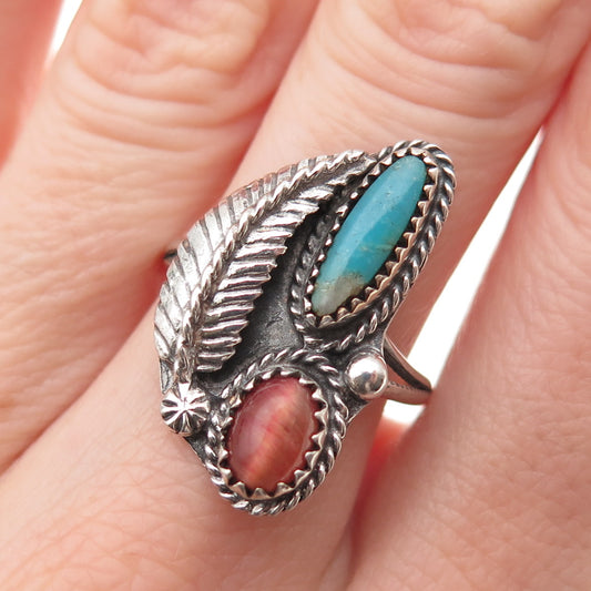 Old Pawn Sterling Silver Vintage Turquoise Cat's Eye Feather Tribal Ring Size 8