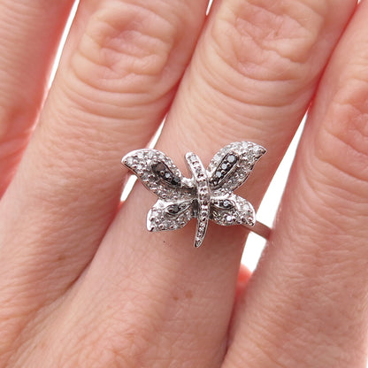 925 Sterling Silver Real Black & White Diamond Butterfly Ring Size 7