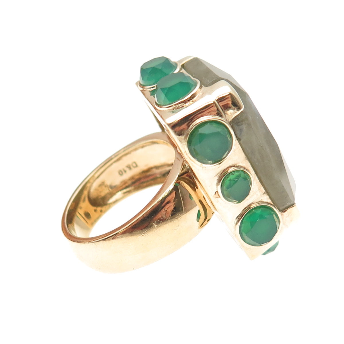 925 Sterling Silver Gold Plated Real Labradorite Green Chalcedony Ring Size 7.5