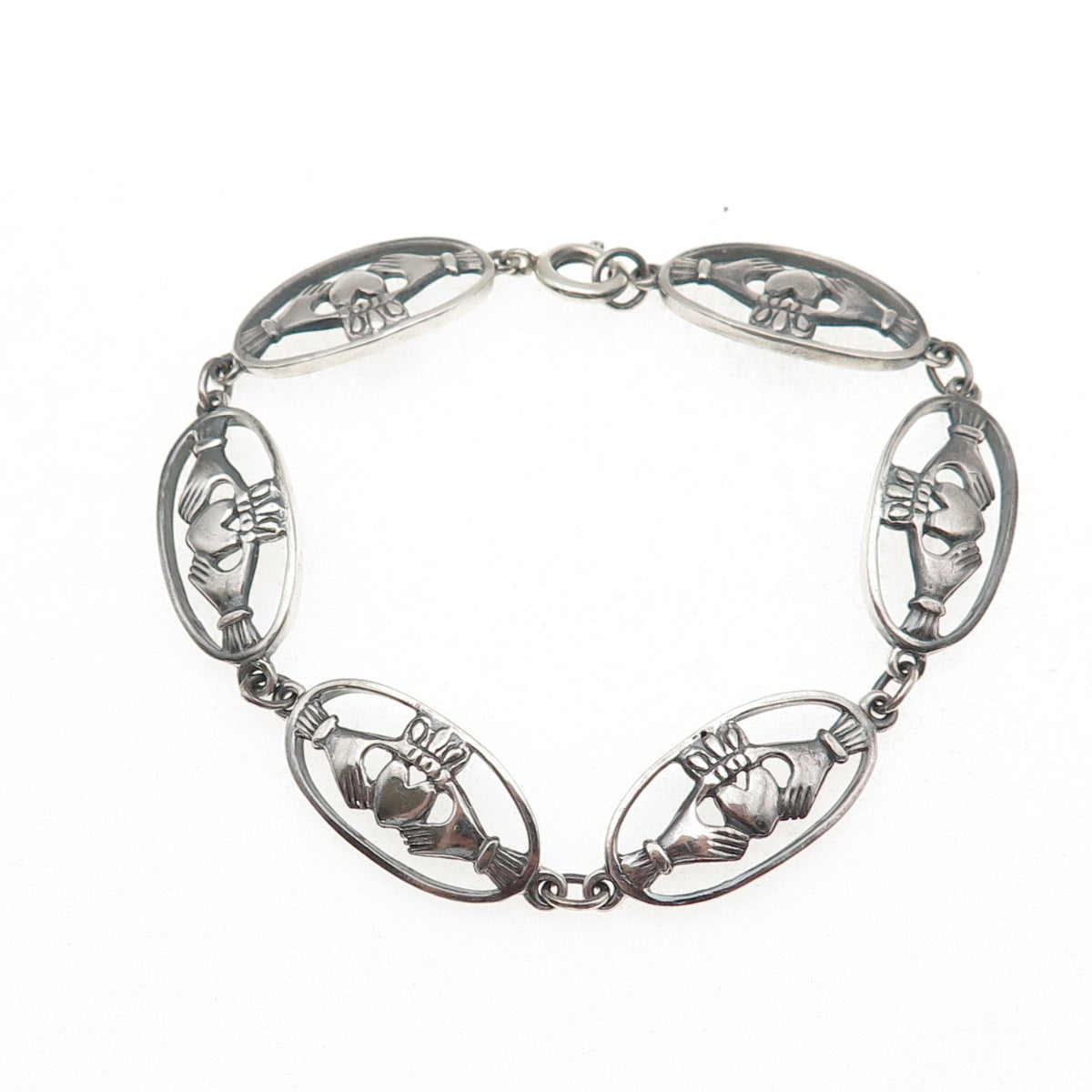 Solvar 925 Sterling Silver Vintage Irish Claddagh Link Oxidized Bracelet 7"