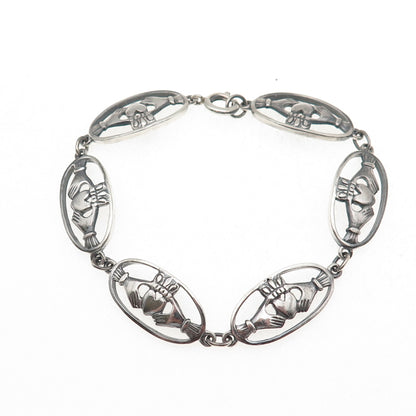 Solvar 925 Sterling Silver Vintage Irish Claddagh Link Oxidized Bracelet 7"