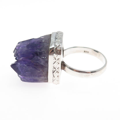 925 Sterling Silver Vintage ASC Real Amethyst Modernist Statement Ring Size 8.25