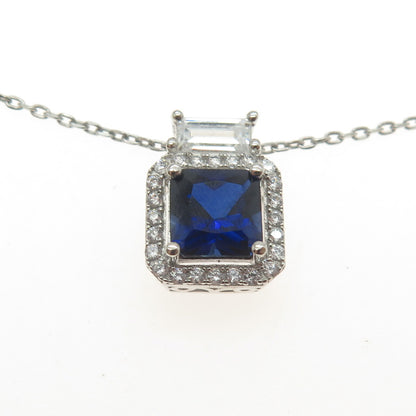 925 Sterling Silver Italy White & Blue C Z Cable Chain Necklace 16"
