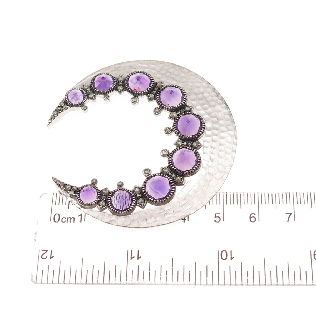 925 Sterling Silver Real Diamond & Amethyst Crescent Centerpiece Slide Pendant