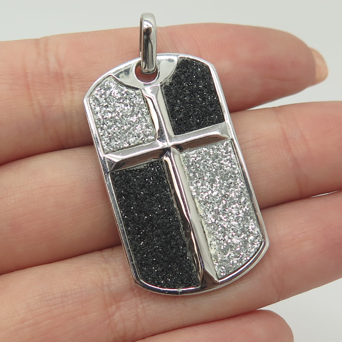 925 Sterling Silver Black & White Diamond-Imitation Cross Tag Pendant